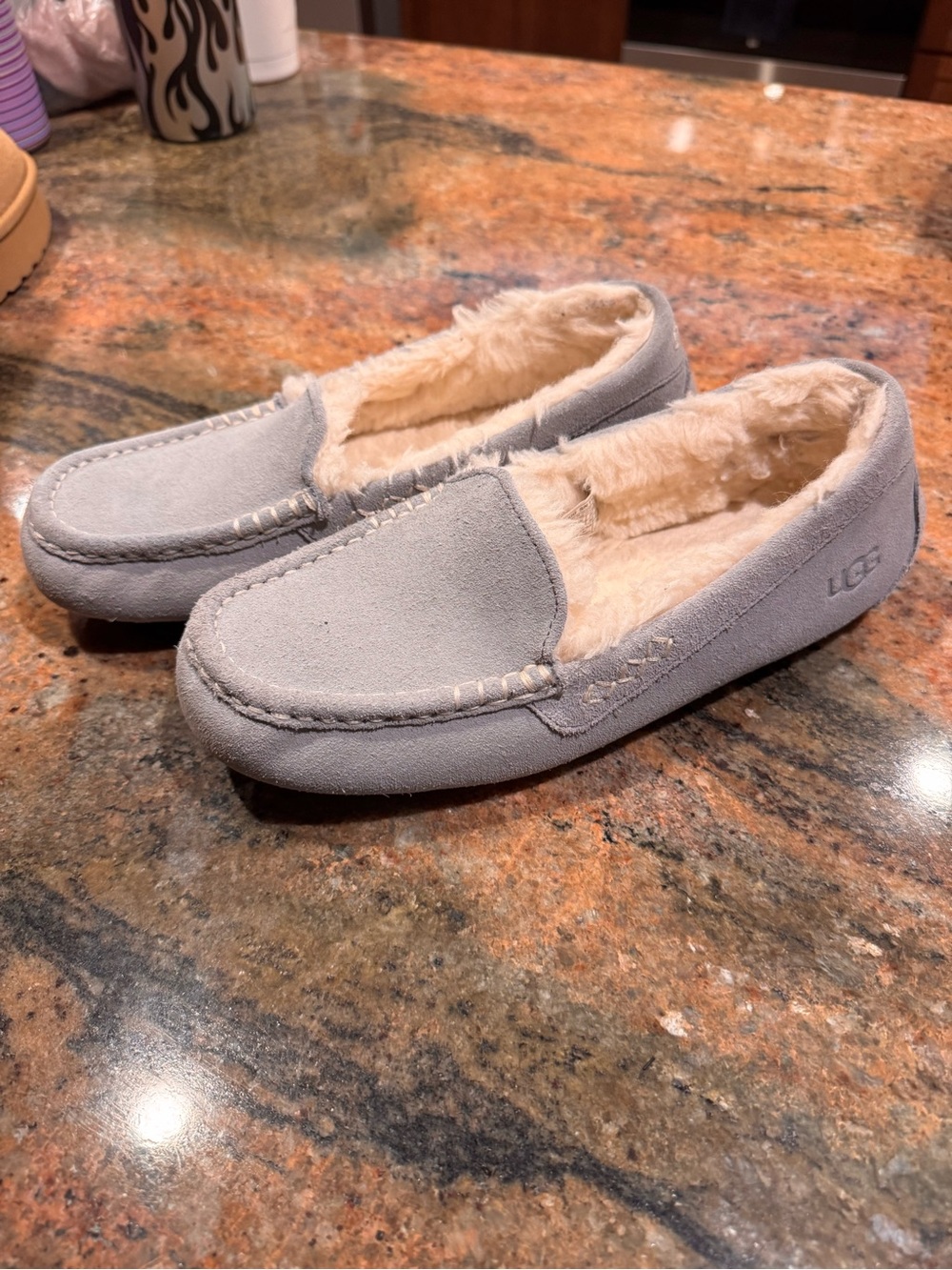 UGG Light Gray Suede Shearling-Lined Moccasin Slippers